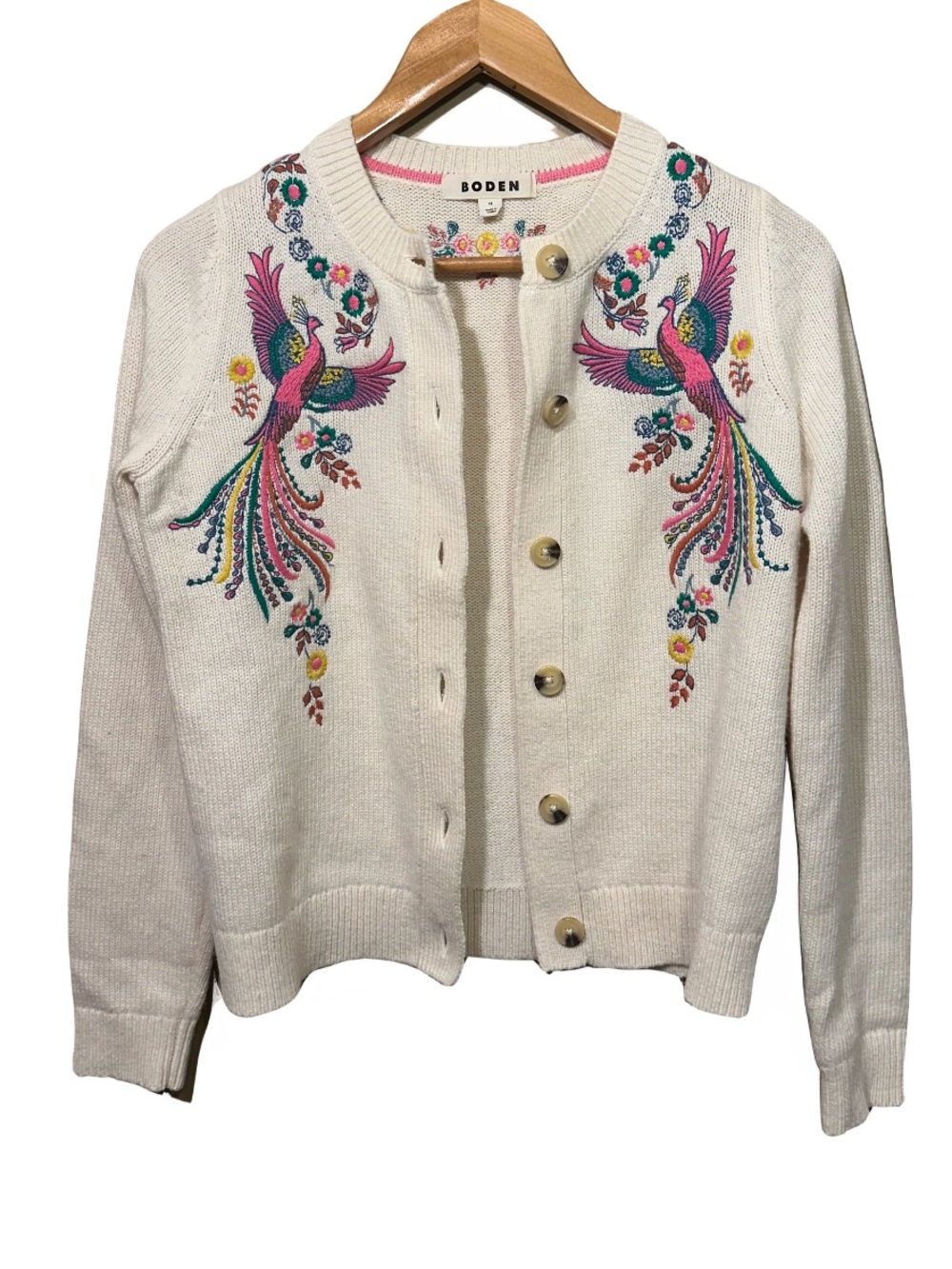 Boden Embroidered Peacock Cardigan Ivory Wool Alpaca Blend XS - Picture 5 of 6